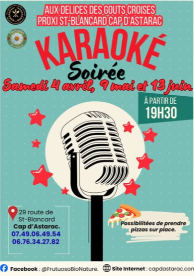 Affiche d'un karaoké le 4 juin à 19h30, avec informations de contact.